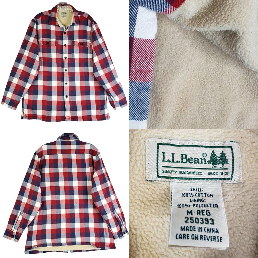 LL Bean Shirt Button Up Women’s Size Medium M Fleece Lined Plaid Flannel Red